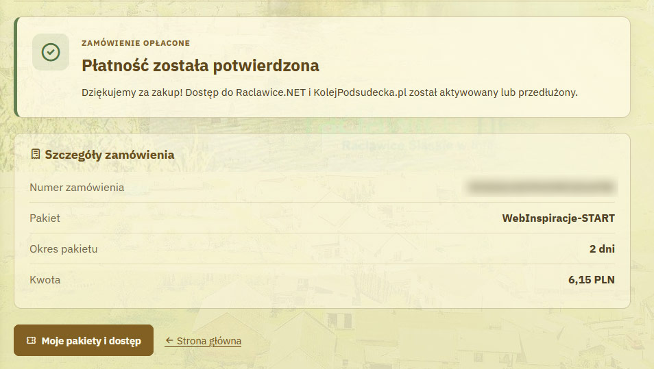 Zrzut ekranu: informacje o aktywnym pakiecie i jego ważności